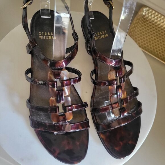 Stuart Weitzman Tortoise Shell Patent Leather Strappy Ankle Strap Sandals- 7M - Picture 4 of 8
